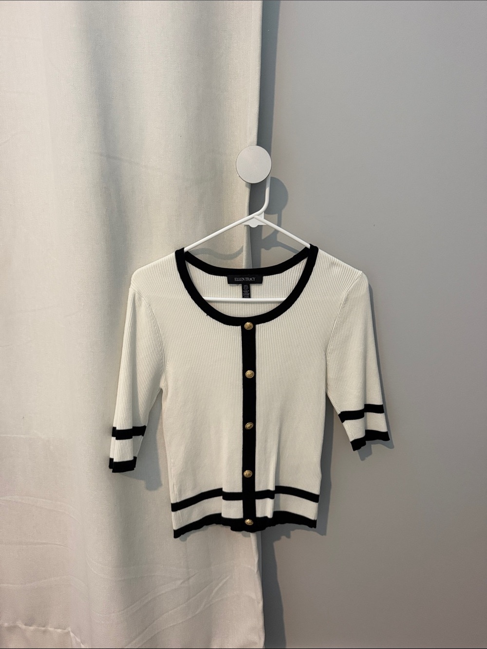 Ellen Tracy White Ribbed Cardigan with Black Trim & Gold Buttons